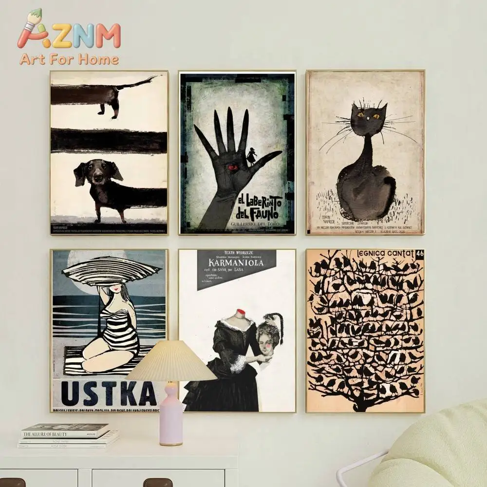 AZNM Vintage Polish Poster Canvas Wall Art, Retro Abstract Cat Dog Sea Travel Print, Eclectic Gallery Wall Living Room Home Deco