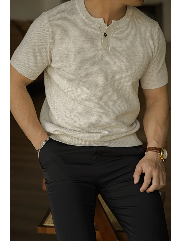 

Retro American Sle Ice Silk Cotton Knitted irt Single Button Henry Collar ort Sve Breathable Sweat Absorbent Men's T...