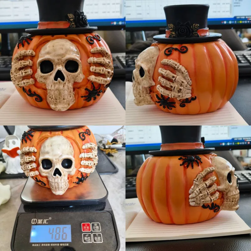 Resin Skull Pumpkin Candy Jar, Halloween Decoration Fake Skeleton Head, Holding Bowl Party Home Table, Centerpiece Ornament Gift