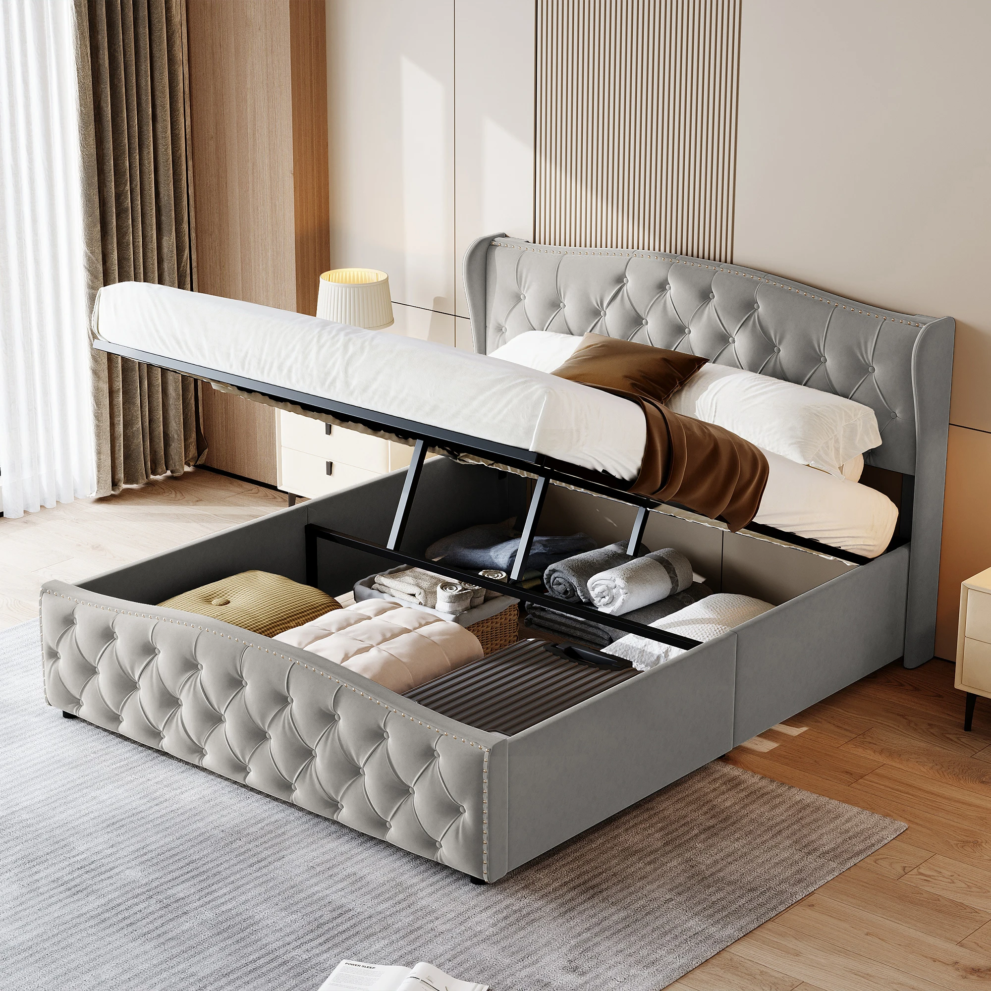 Anajqaqia 140x200cm hydraulisch opbergbed, gestoffeerd bed, met stijl en comfort, functioneel bed, bed met noppen, fluweel