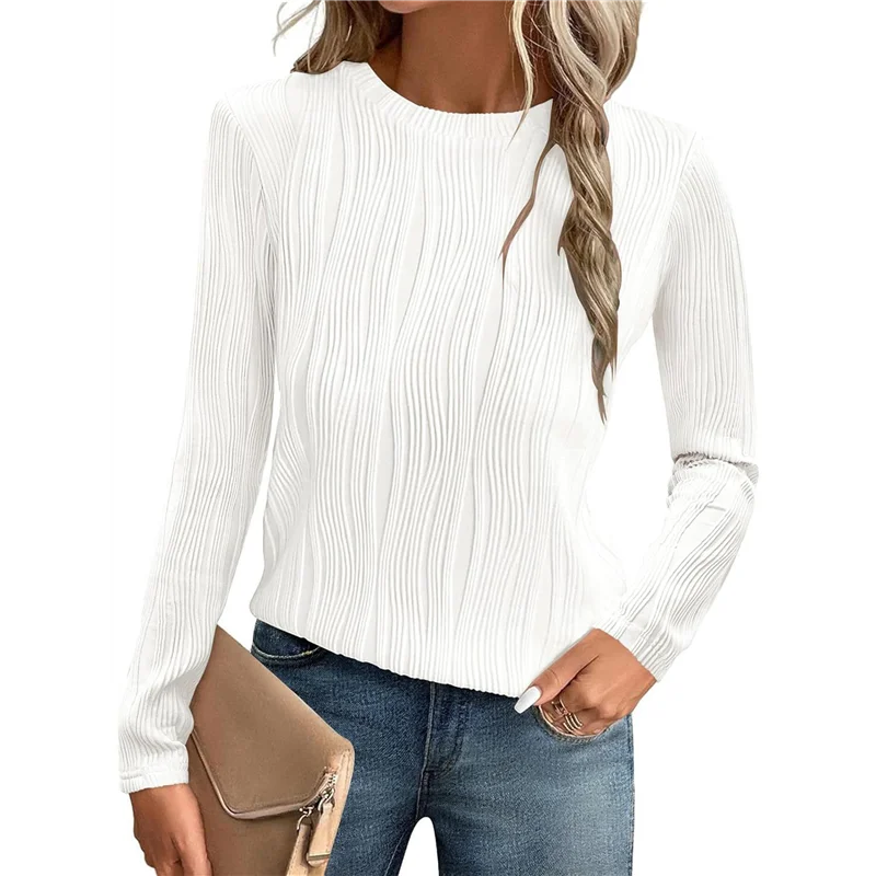 เสื้อยืดแขนยาว AG สำหรับผู้หญิง สไตล์ลำลอง คอกลม ผ้าถักลายริบ เสื้อเบลาส์ทันสมัยสำหรับฤดูใบไม้ร่วง