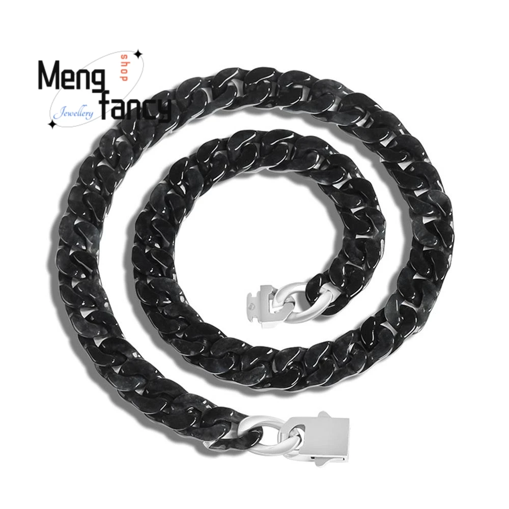 

High-grade Natural A-grade Jadeite Ink Jade Cuban Bracelet Titanium Steel Hip Hop Style Personality Charm Luxury Fashion Jewelry