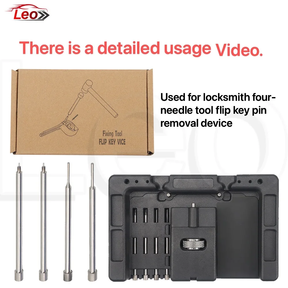 Leo Flip key pin remover used in locksmith tools, with flip key clip and four stamping pins.