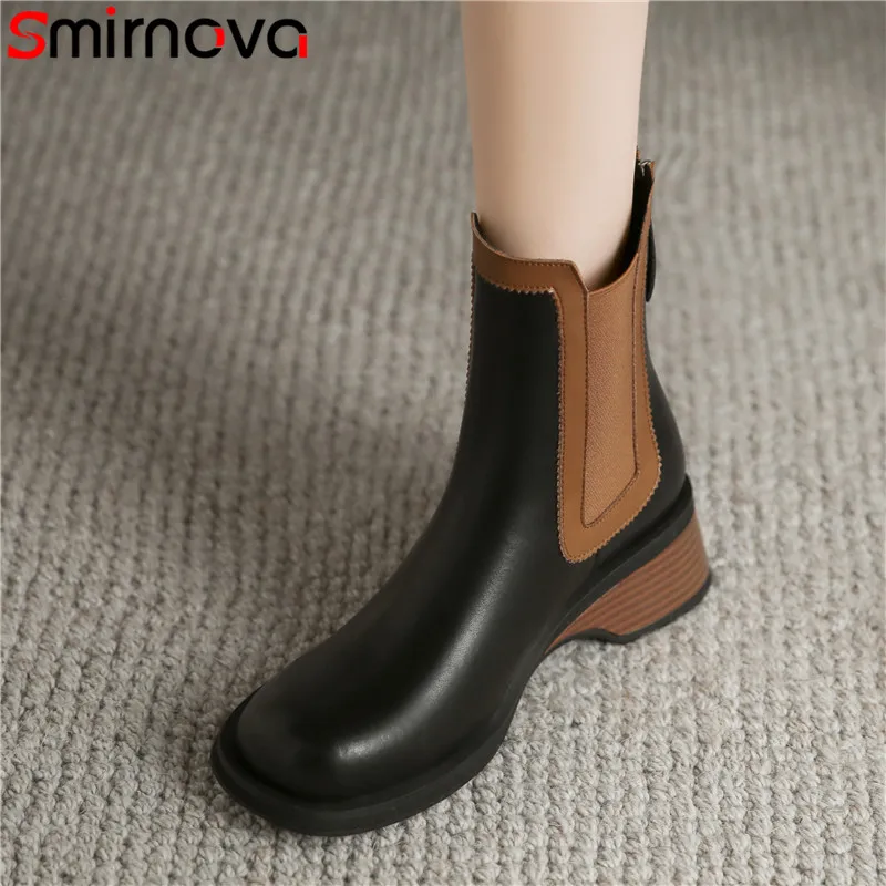 

Smirnova 2023 New Genuine Leather Zipper Women Boots Mixed Colors Square Med Heels Dress Shoes Winter Ankle Boots