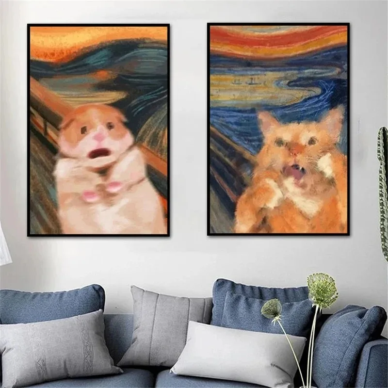 Vintage Famous Painting Munch Skrik Comical Cat Hamster Animal Canvas Paints Poster for Living Room Decor Print Wall Art Picture