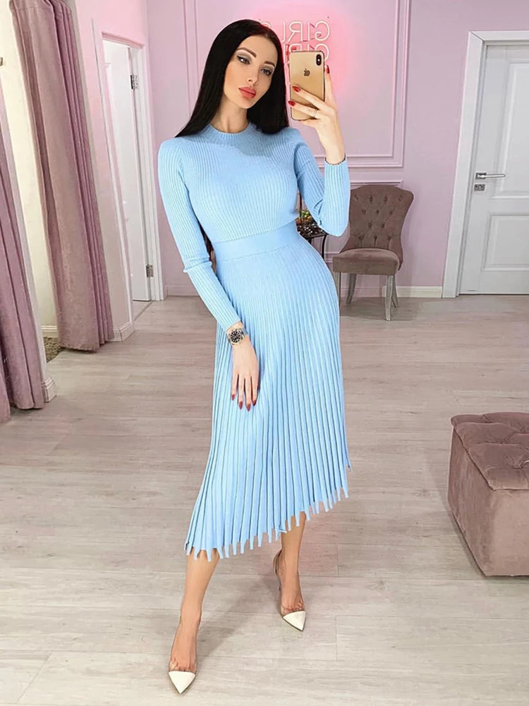 Totatoop Autumn Winter Mid-Calf Sweater Pleated Dress Long Sleeve Fit And Flare Knit Pullover Women's Maxi Dress Office Lady