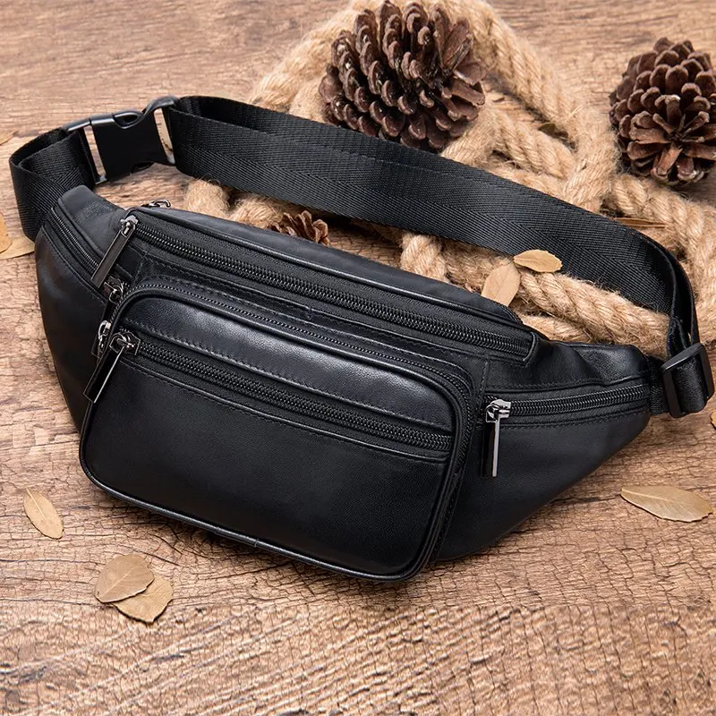 

Simple business men's waist bag, outdoor sports black mobile phone leather bag, casual sports crossbody chest bag