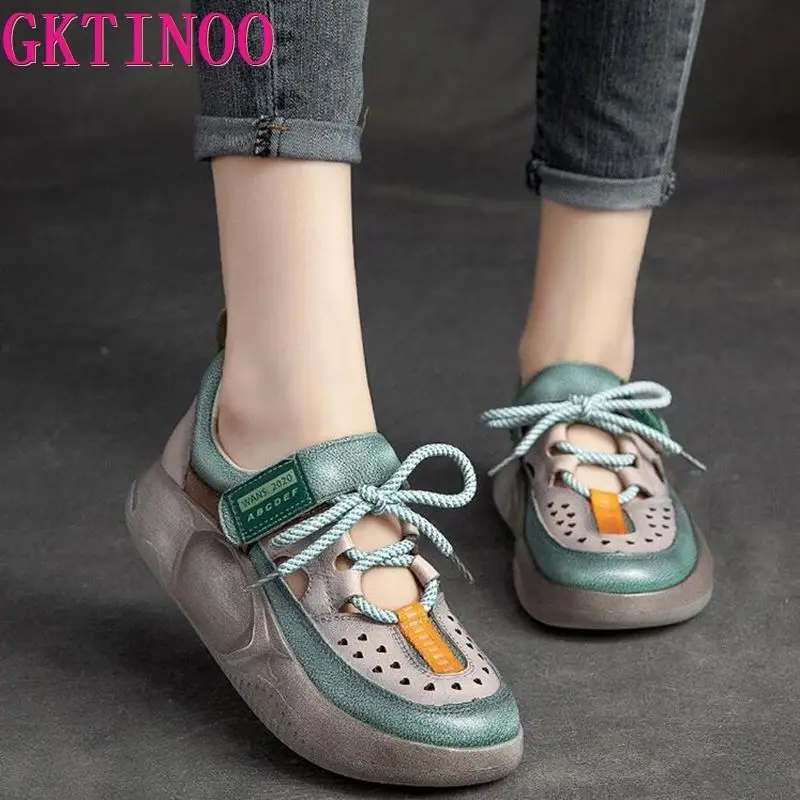 GKTINOO Hook & Loop Shoes Women Sneakers Genuine Leather Mixed Colors 2024 New Handmade Comfortable Retro Platform Sneakers