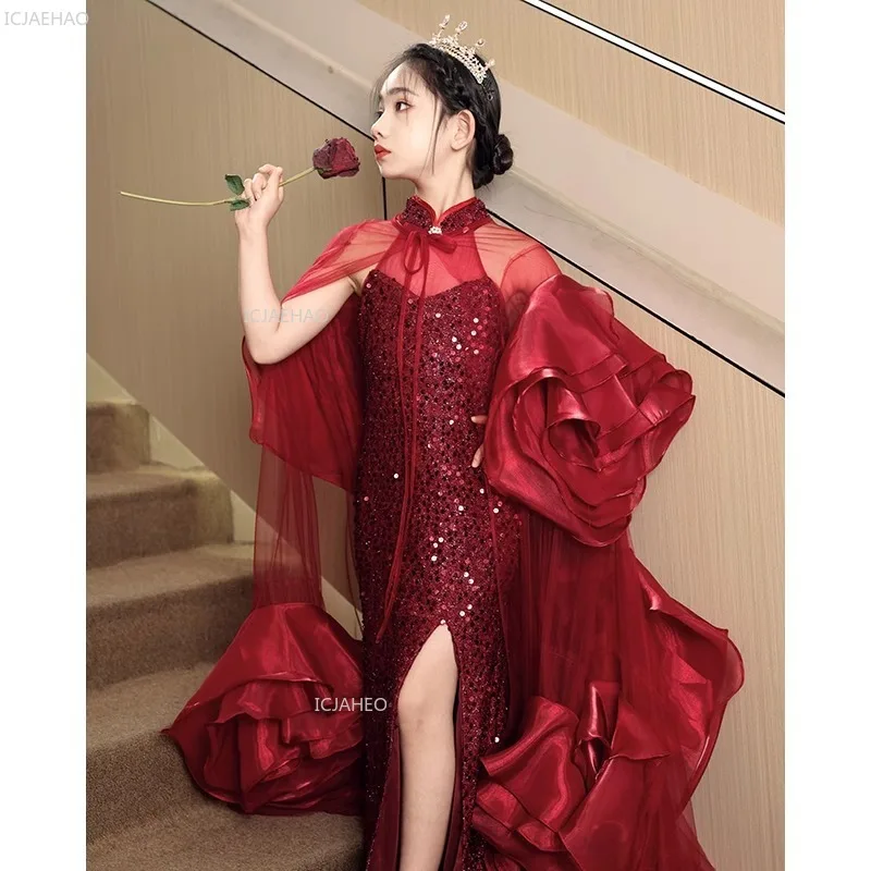 Red Kids Girls Evening Dress with Long Train for PianoShow Pageant Formal Celebration Gown Performance Host Children Fashion view 6