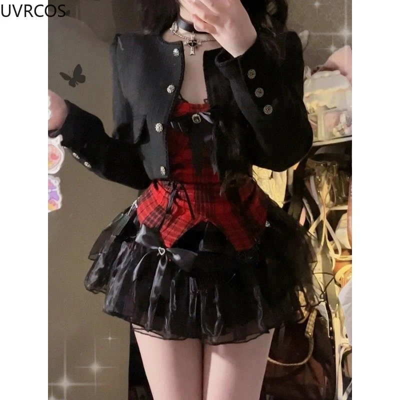 Gothic Y2k Lolita 3 Piece Set Women Sexy Bow Plaid Vest Short Jackets Mesh Mini Skirts Female Japanese Fashion Punk Outfit 2024