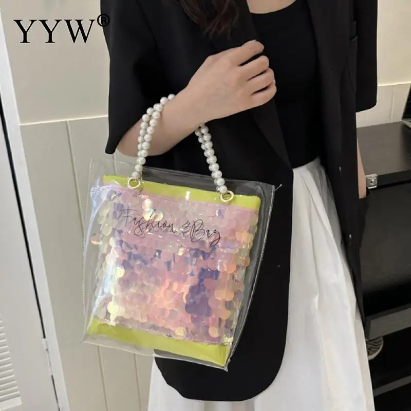 Fashion Pearl Handle PVC Clear Transparent Tote Bag Women Glitter Jelly Bag Ladies Luxury Shoulder Bags Female Messenger Bag