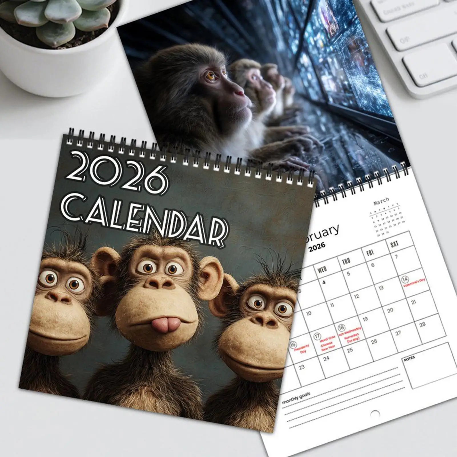 

Календарь-планер 2026 «Мультяшная Обезьянка»: Забавный, на 12 месяцев, двусторонний, с ежемесячным/еженедельным отображением и ежедневными вдохновляющими цитатами