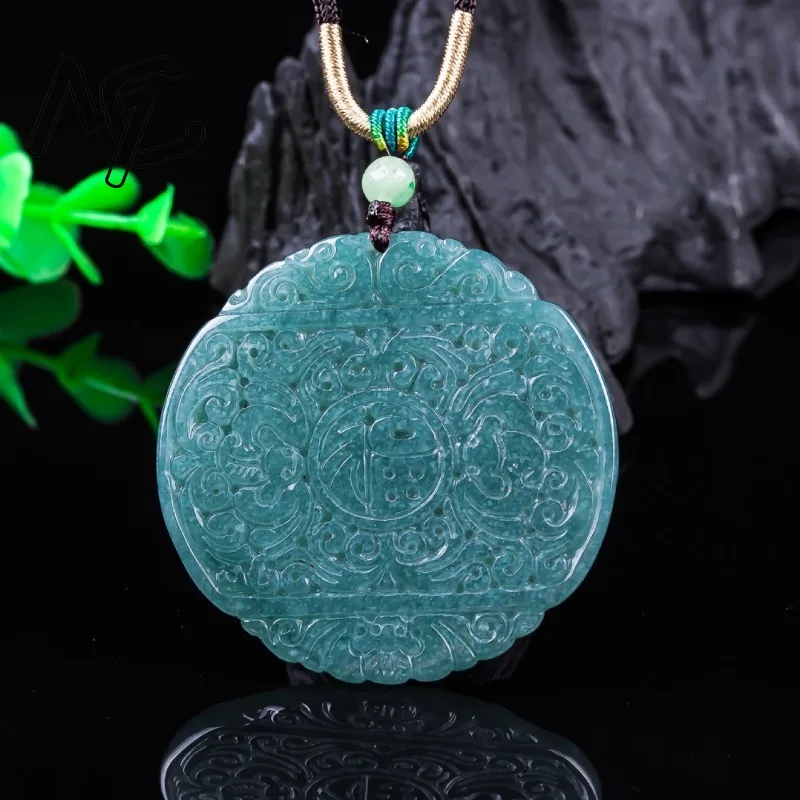 

Natural Emerald Burmese Jade Blue Water The Five Blessings Arrive Bat Pendant Carved Jadeite Jewelry Amulet Gifts Certificate