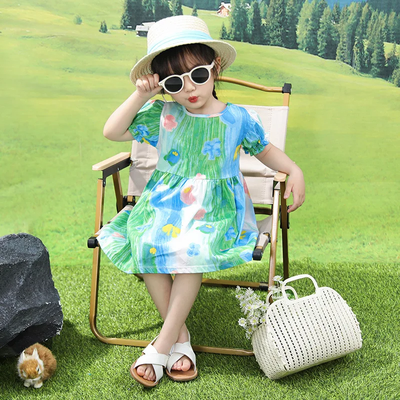 Summer Princess Dress Pastoral Style Flower Printing Ruffled Puff Sleeve Dress Kids Dresses for Girls 4 To 6 Years Girl Dress