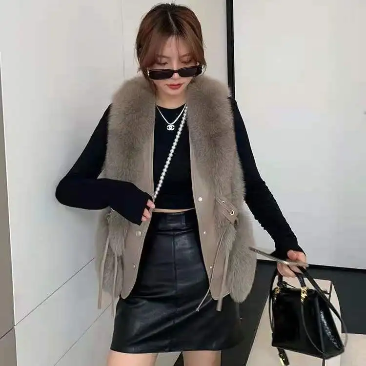 

Women Fashion Leather Vest Coat Sleeveless Waistcoat Tops Black Artificial Leather Fur Lady Streetwear Warm Splicing Coat TS351