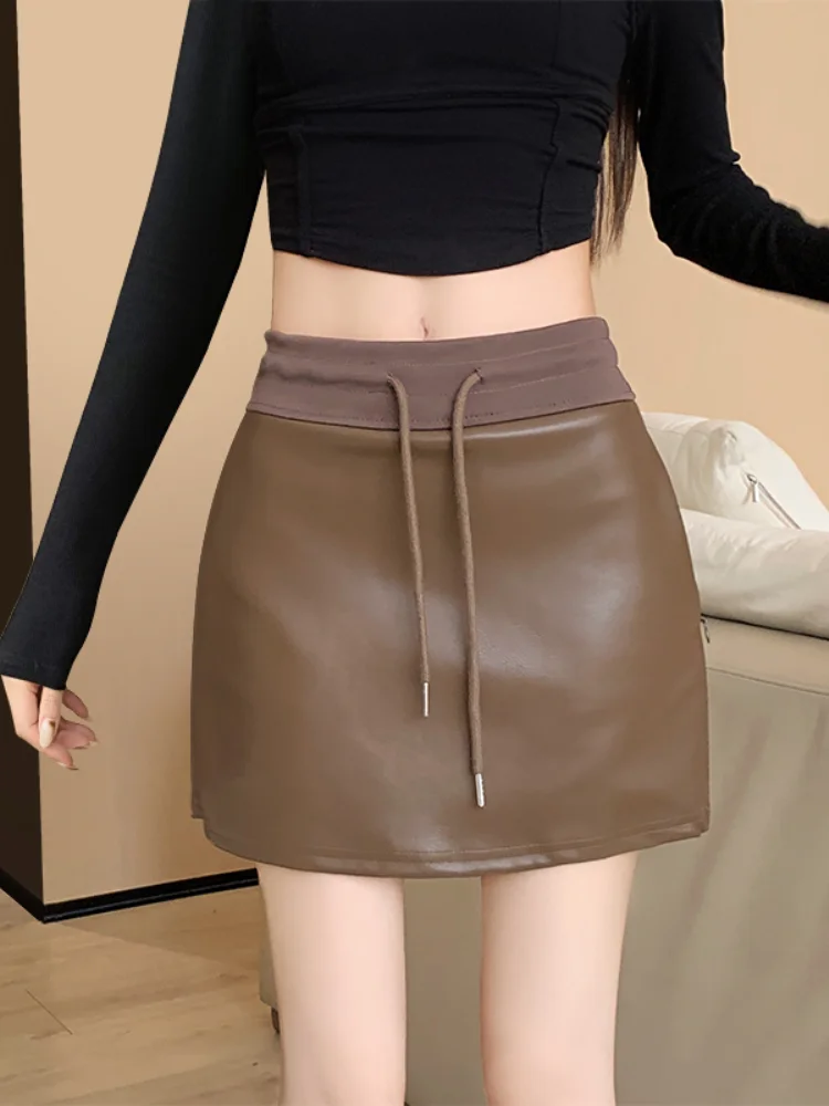 Fashion PU Leather Skirt Vintage Y2k Spice Girl High Waist Drawstring A-Line Culotte Sexy Wrap Hip Anti Slip Short Skirts Women