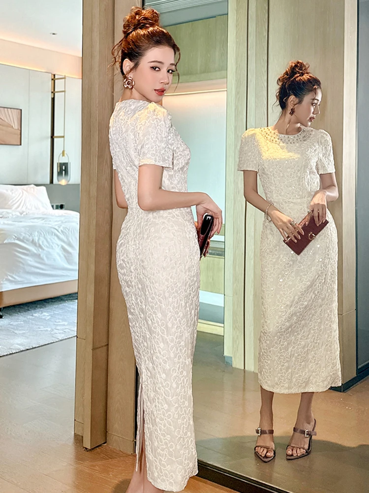 Robe de soirée élégante et Chic pour femmes, célébrité, perles, décolleté en diamant, coupe cintrée, mi-longue, Business