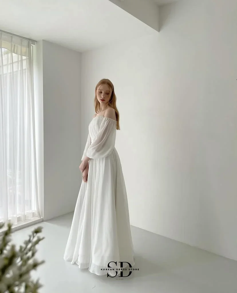 Zomer off-the-shoulder chiffon Koreaanse trouwjurken op maat gemaakte A-lijn pofmouwen bruiloft drukknoopjurk voor huwelijksreis