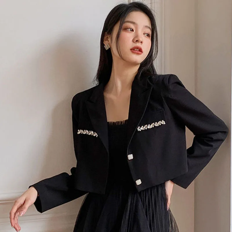 Lucyever Fashion Crystal Decorate Women Suit Coat Korean Wild Notched Collar Cropped Blazer Woman Casual Single-Breasted Jackets