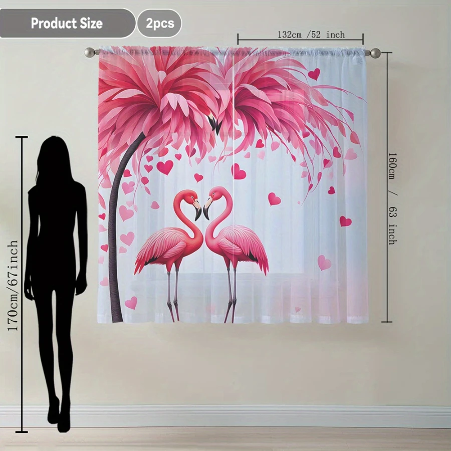 2PCS Digital Print Sheer Curtains, Pink Tree Flamingo Bird, Tropical Exotic Summer Style for Bedroom Living Room Home Decor