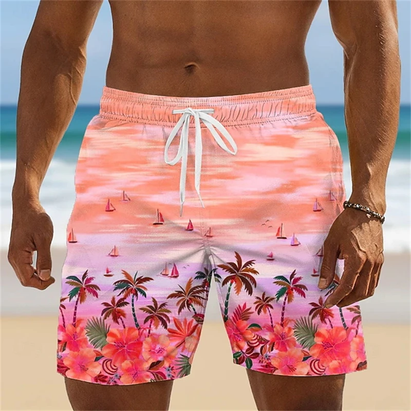 Tropical Plants Graphic Men's Beach 3D Print Drawstring Shorts, New Casual Loose Swim Trunks For Summer Beach Wear Dropshipping