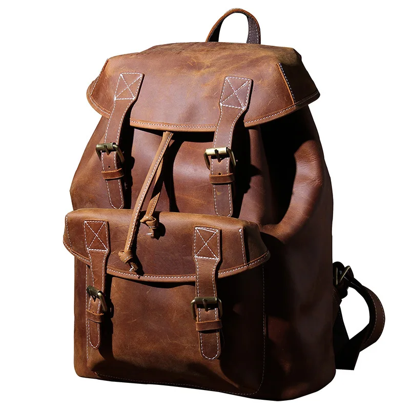 

New Vintage High-Capacity Shoulder Crazy Horse Leather Laptop Travel Backpack Mountaineering Bag