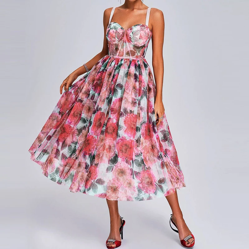 

Women Sexy Off Shoulder Bow Sling Dress Fashion High Waist Pleated Long Party Dress Elegant Floral Print Sleeveless A-Line Dress