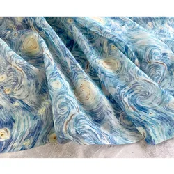 Van Gogh Starry Sky Night Blue Half Transparent Light Skin Sisi Printed Linen Imitate Mulberry Silk Dress Designer Fabric