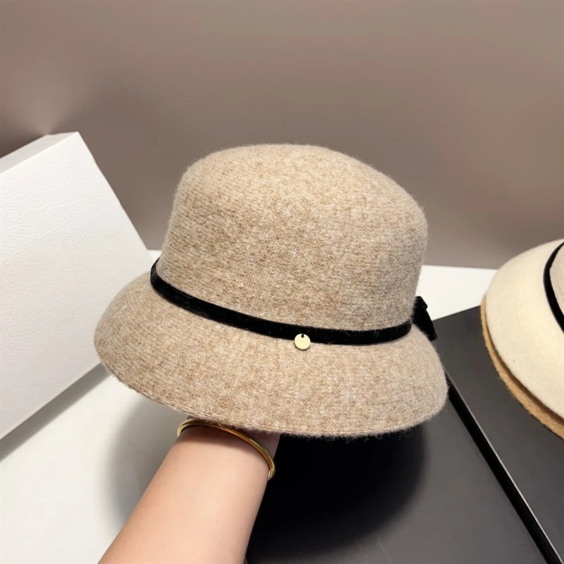 Small Fragrant Wind Color Bow Knit Hat For Women Autumn-Winter Warm Wool Blended Fisherman Hat Simple Retro Basin Hat