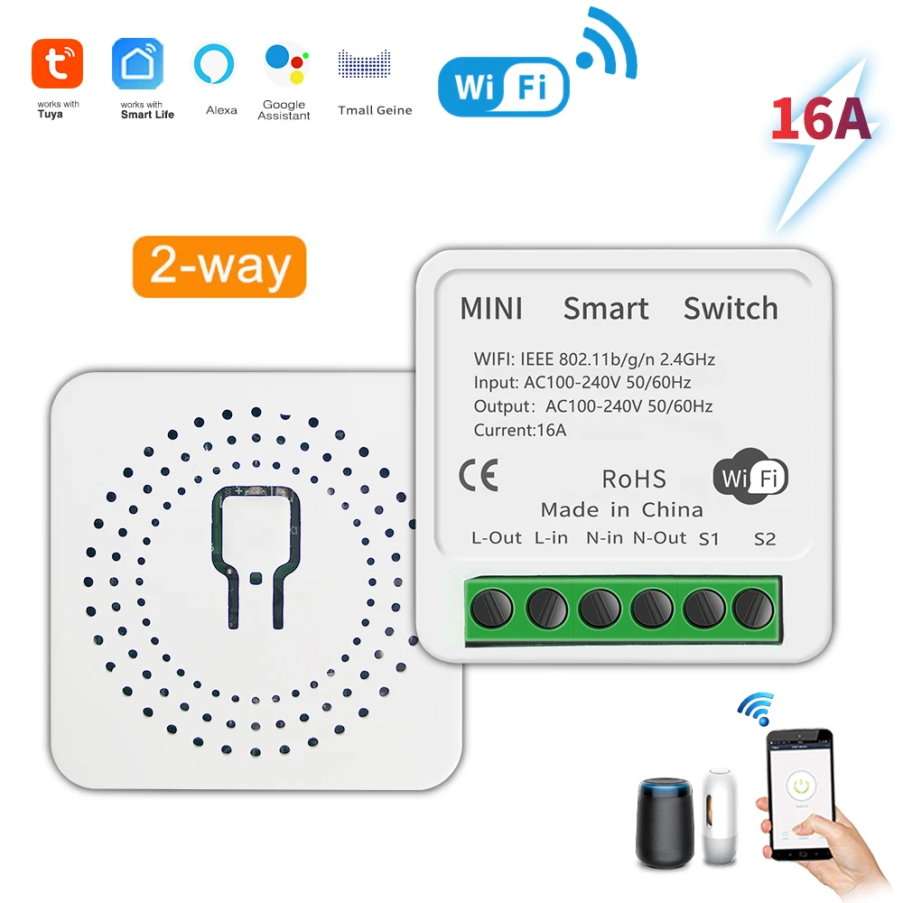 

Tuya Mini 16A WiFi Switch Smart Life App 2 Way Control Smart Home Automation Module Interruptor Work for Alexa Google Home