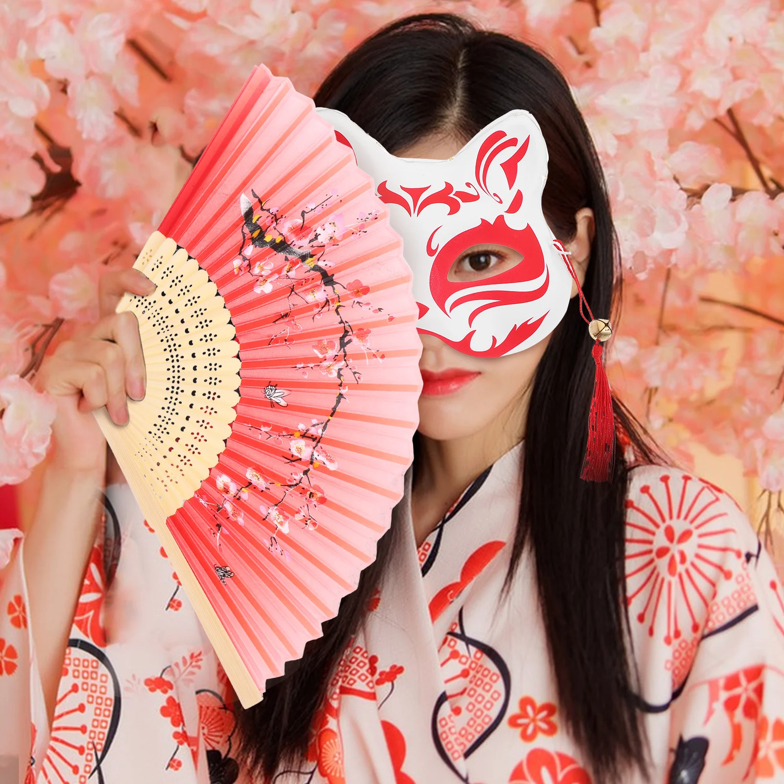 ชุดหน้ากากจิ้งจอกและพัดสำหรับงานเทศกาล อุปกรณ์ประกอบฉากงานปาร์ตี้สำหรับผู้หญิงและผู้ใหญ่ อุปกรณ์เสริมเครื่องแต่งกายตกแต่ง งานฝีมือประณีต