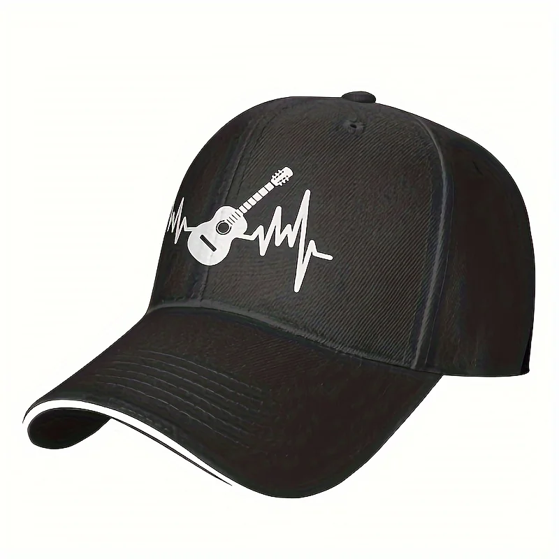 

Cool Classic Hippie Curved Brim Baseball Cap, Guitar Heartbeat Printed Trucker Hat, music lover for Casual Leisure Outdoor Sport
