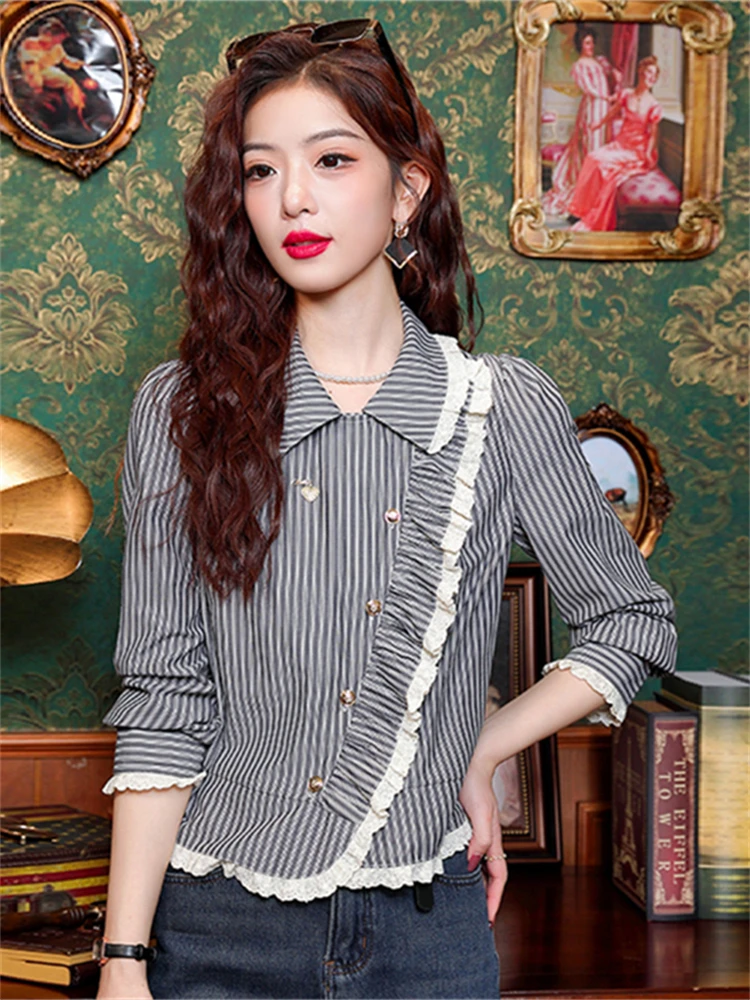 

Модная полосатая рубашка для женщин, осень-зима 2026, новый дизайн, элегантная женская рубашка, прямой крой, полиэстер...