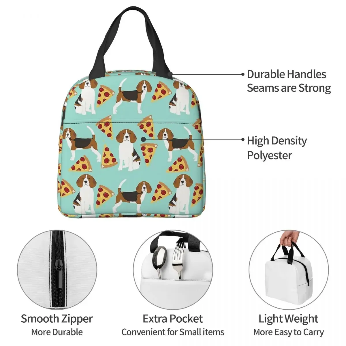 Lunch Bags for Women Kids Beagles Love Pizza Dog Thermal Cooler Waterproof Picnic Food Funny Polyester Lunch Box Bento Pouch image 6