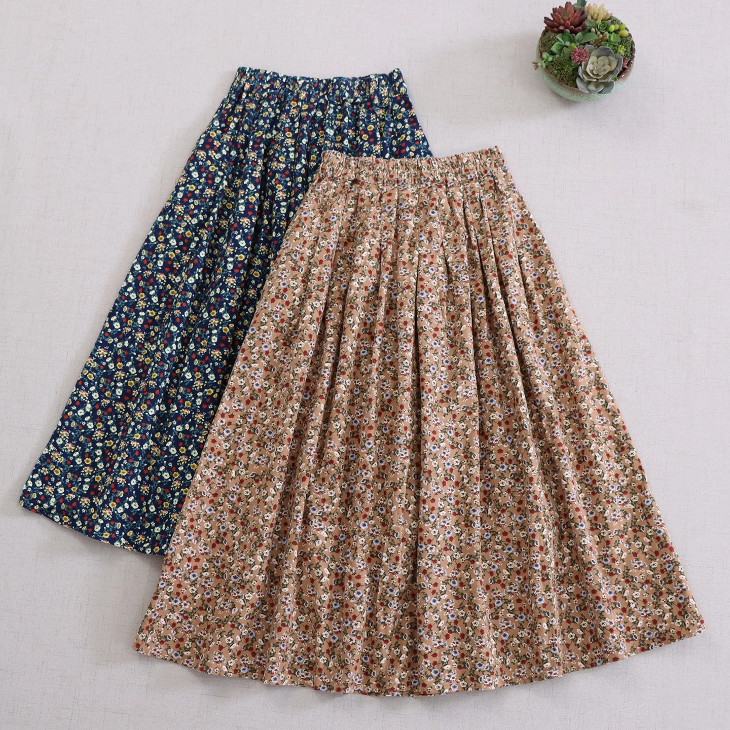 Japanese Mori Gir Vintage Floral Printed Brushed Cotton Skirts Women Autumn New Elegant Elastic Waist Casual Loose Midi Skirts