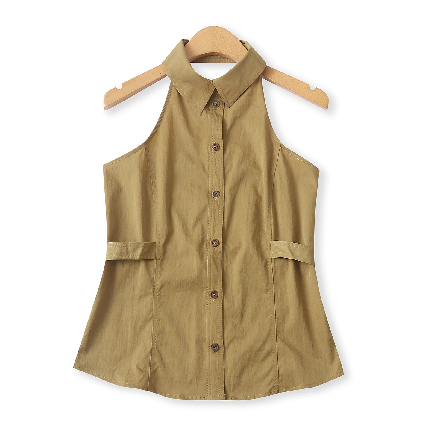 

Fashionable Backless Sleeveless Shirt Women's Slim Fit Casual Style Button up Short Length Top Waist Cinching Single Button