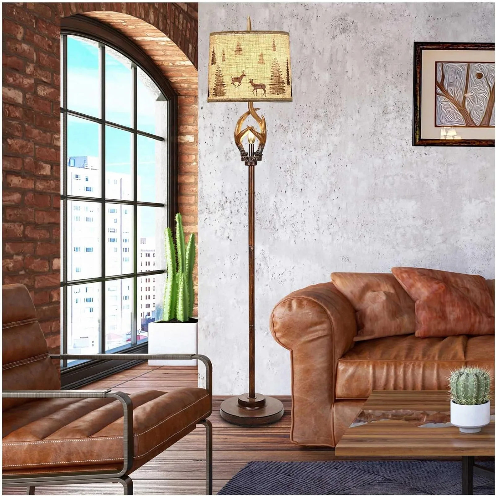 

US Rustic Farmhouse Antlers Floor Lamp with Nightlight Brown Finish Round Shade