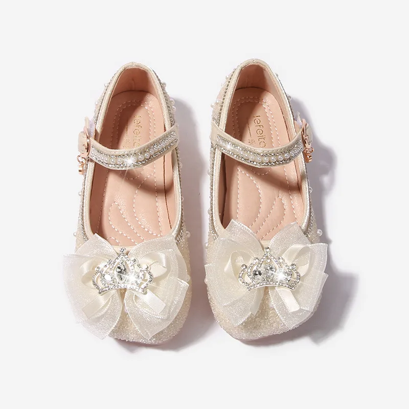 

Children Fashion Girls Mary Janes for Party Wedding Elegant Sweet Crown Bowknot Kids Leather Shoe Glitter Princess Single Shoes