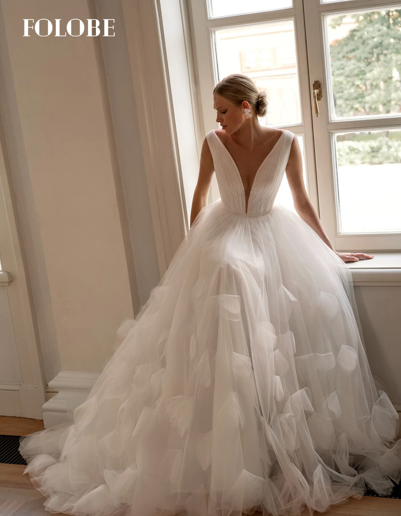 FOLOBE bretelles Tulle robe de mariée col en v balayage sol avec fleurs 3D élégant robe de bal de mariée robes de noche personnalisé