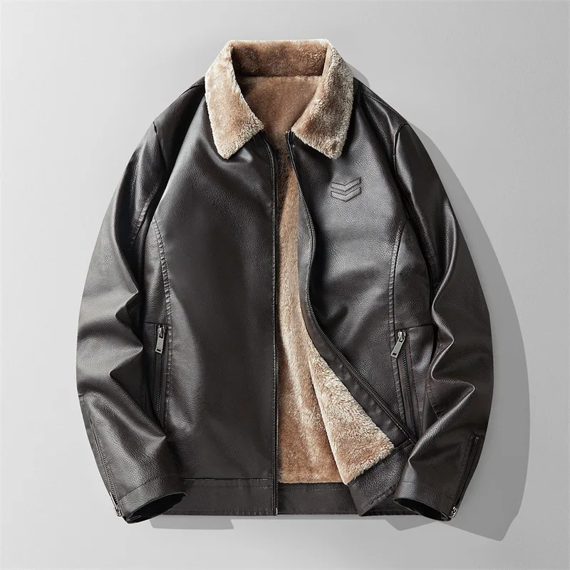 2026 Velvet Light and Mature Wind Locomotive Leather Jacket Men's Autumn and Winter Korean Version Suit Collar Casual Pu