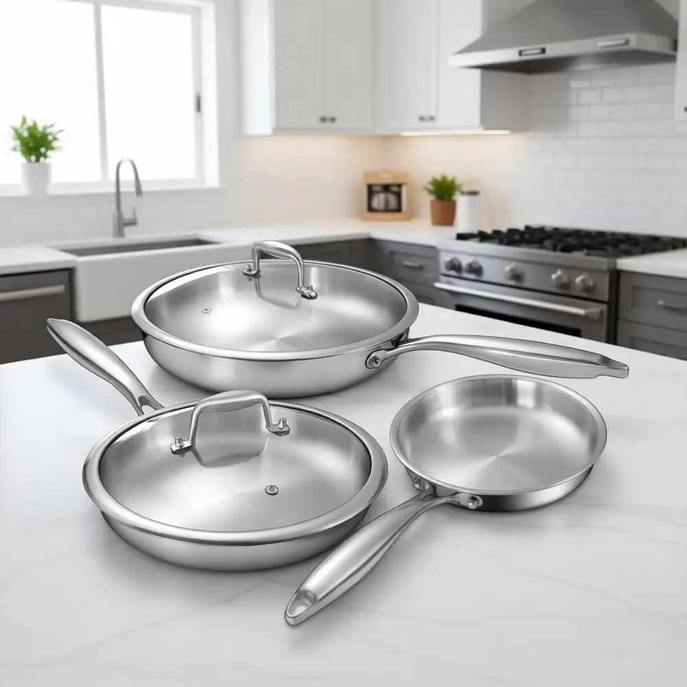 

Triple-Layer Stainless Steel Frying Pans Set with Lids, 8/10/12, PTFE-Free, Induction-Ready, Dishwasher and Oven Safe, Even Heat