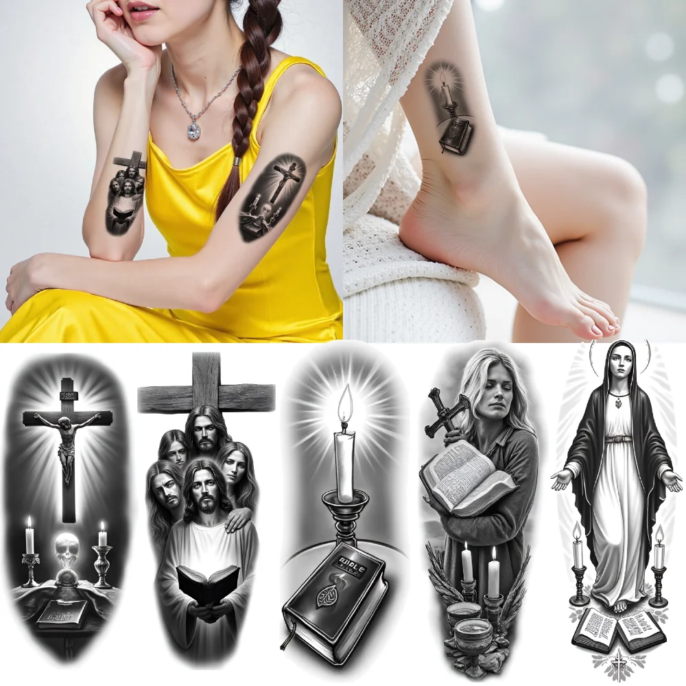 

12pcs Temporary Tattoo Candles Black And Grey Realism Cross Torch Waterproof Long-lasting Body Stickers Jesus For Adults Men