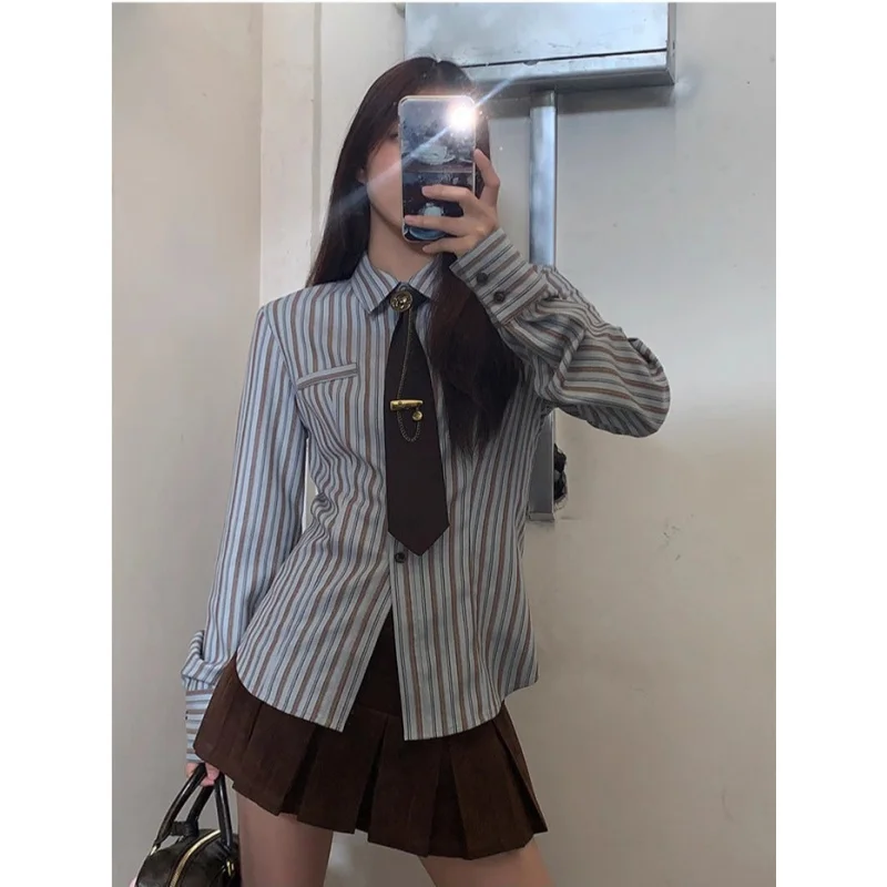 

Blue Striped Tie European Style Shirt Autumn Winter New Korean Retro Academy Style Long Sleeve Waist-Cinching Top