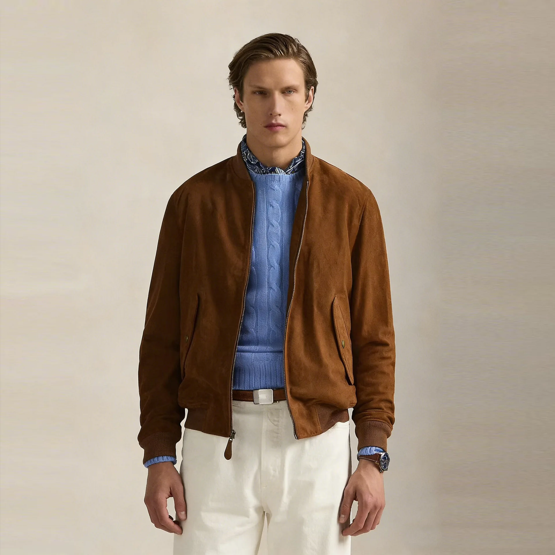 2026 spring American old money style, high-end suede fabric leather jacket stand-up collar jacket men