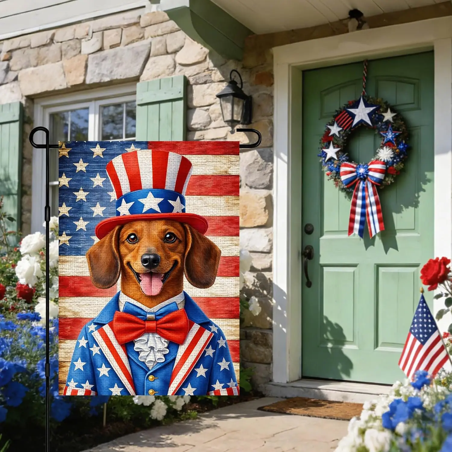 IVN Patriotic Dachshund Stars Stripes Garden Flag 12x18 Burlap Welcome American Flag Top Hat Red White Blue Bow Tie Rustic W jjp