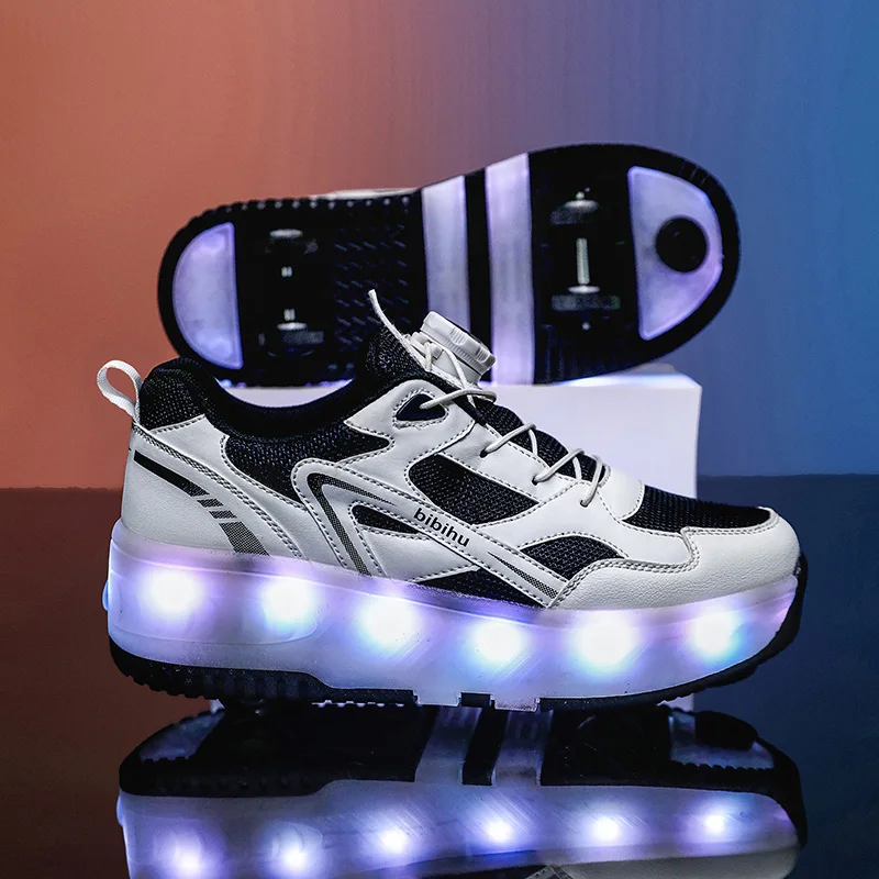 Children Four Wheels Luminous Glowing Sneakers White Black Led Light Roller Skate Shoes Kids Led Shoes Boys Girls USB Charging