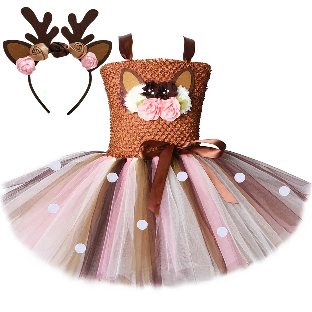 Reindeer Costume Kids Animal Deer Tutu Dress Up Clothes with Flower Antler Headband Girls Christmas Halloween Jungle Party Dress