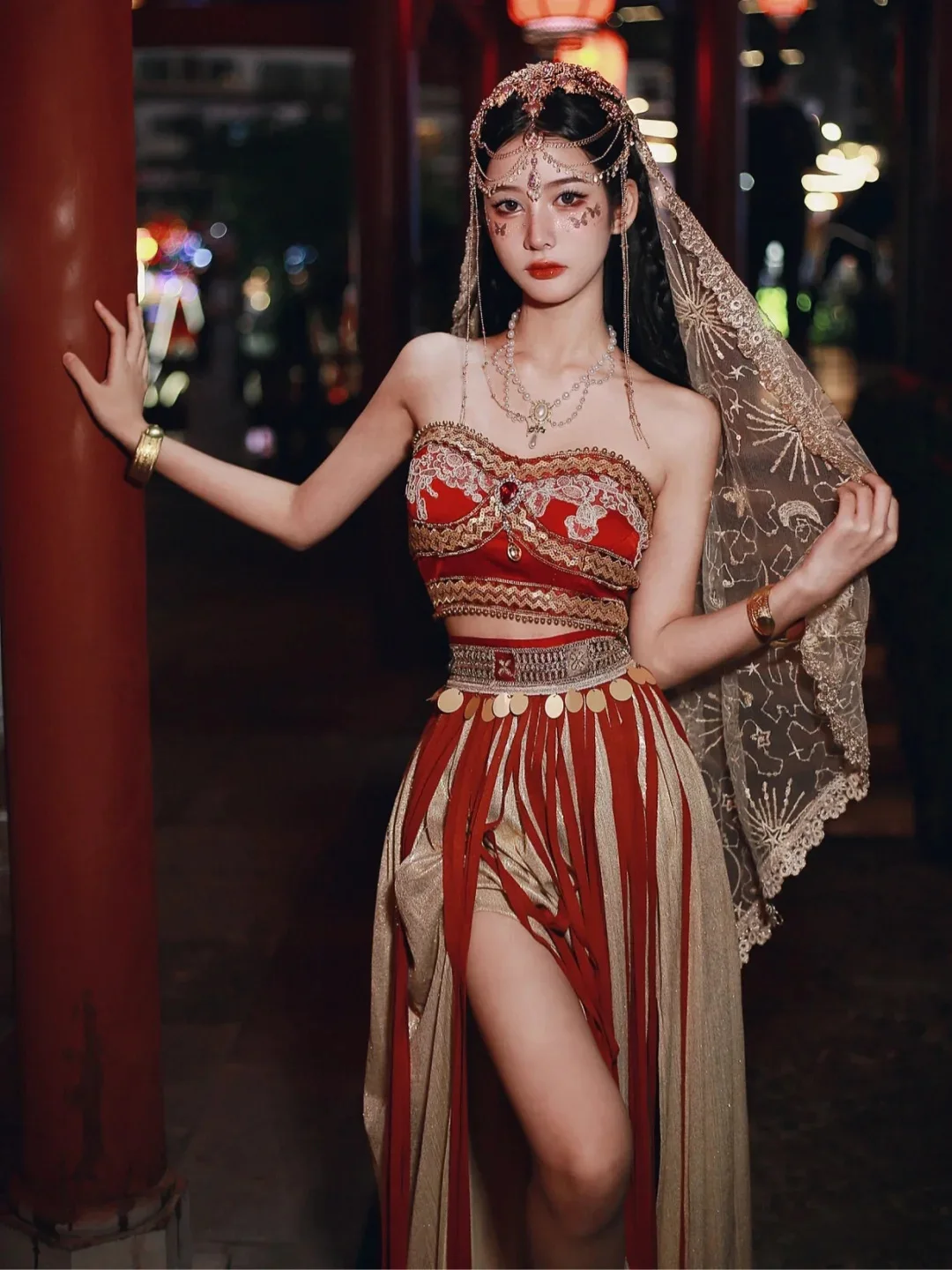 

Dunhuang Feitian Dance Dress Set: Silk Chiffon Ethereal Cape + Embroidered Waist Chain | Ethnic Princess Stage Costume