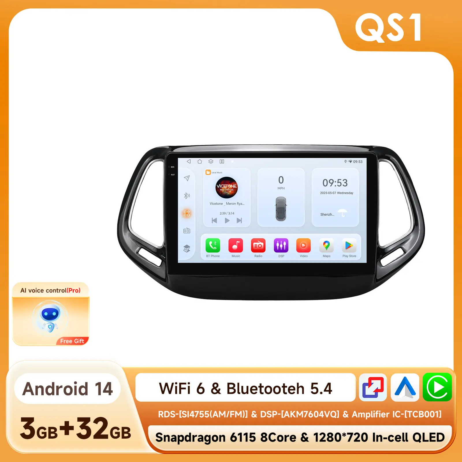 Hizpo Auto Android 14 voor Jeep Compass 2017-2020 Auto Radio Multimedia Speler GPS Navigatie Carplay Stereo 4G BT Geen 2din DVD AI