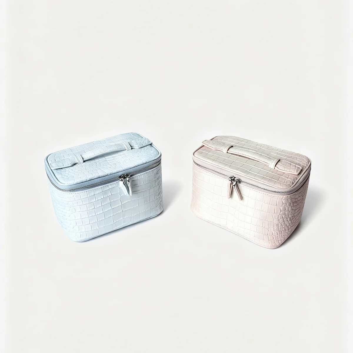 Große Kosmetiktasche aus echtem Leder für Damen, mit Krokodilprägung, als Make-up-Organizer und Reise-Toilettentasche mit integriertem Spiegel, Neu – Detail 6